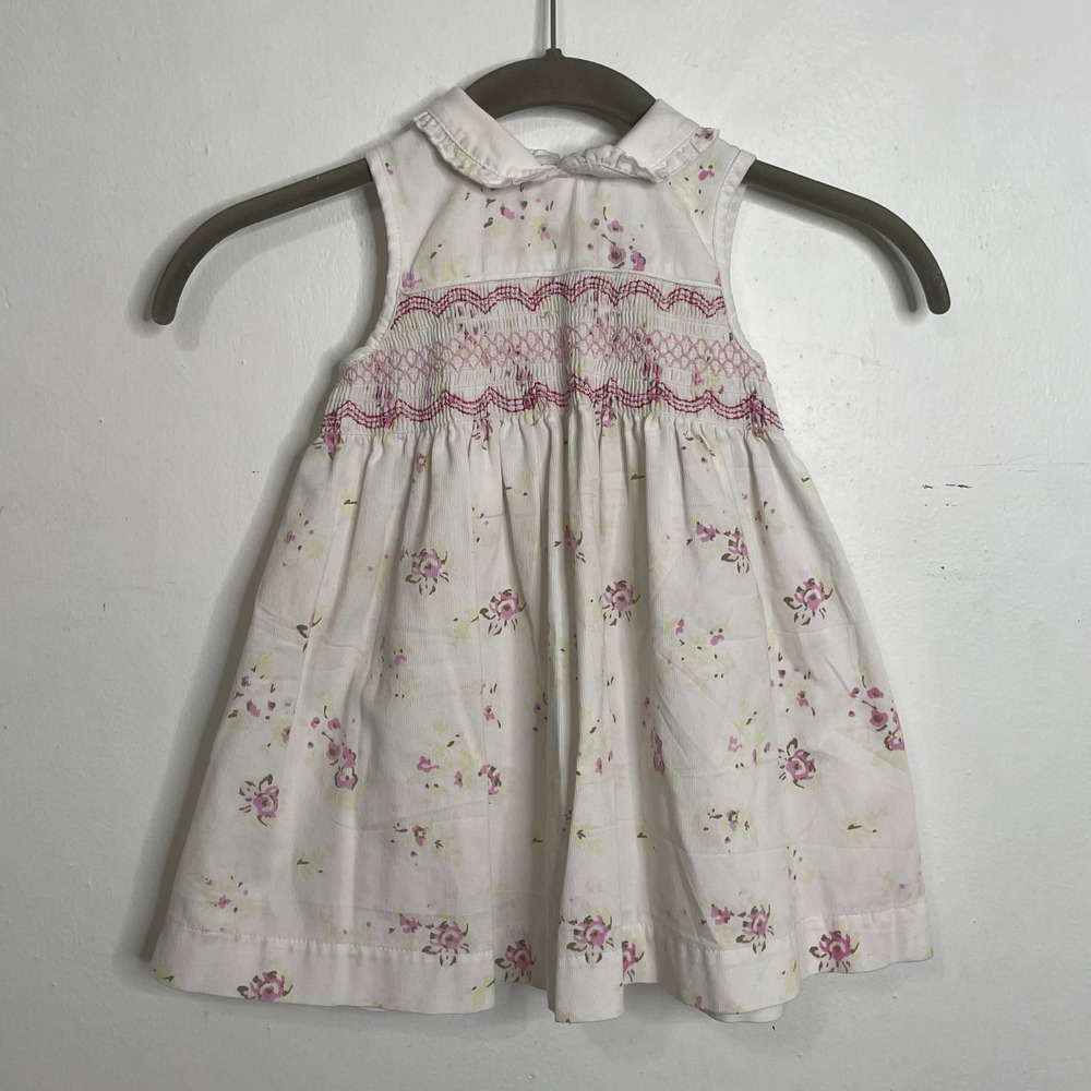 Laura Ashley Baby Girls Floral Smocked Ribbed Dress White Pink 18M Vintage Style